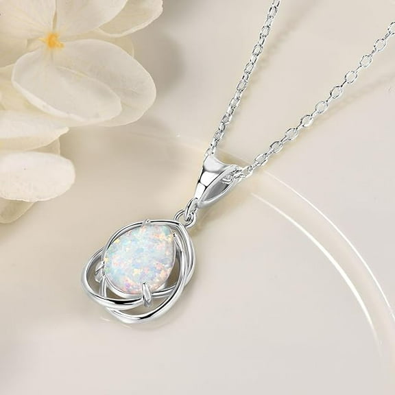 Opal Necklaces for Women Sterling Silver, Pear/Round/Oval Created-Opal Pendants, Dainty Vintage Necklace Fine Jewelry Gift for Birthdays Anniversaries, October Birthstone Pendant