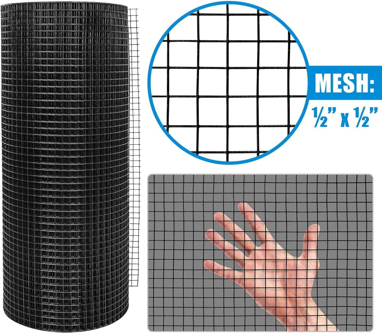 Fencer Wire Vinyl Coated 19 Gauge Welded Fence Wire Roll, Mesh Size 1/2-Inch x 1/2-Inch, Black Garden Fencing Wire Grid Hardware Cloth, Poultry Chicken Fence Rolls, Multiple Use for Home Improvement
