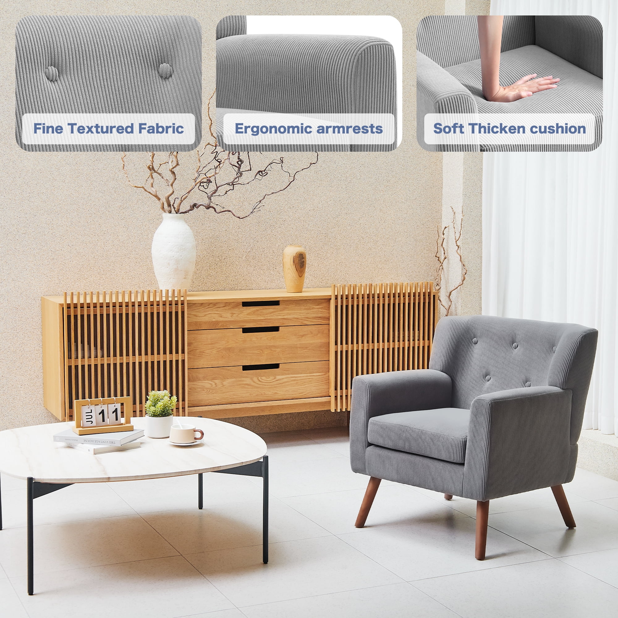 TrumanPick Accent Chair, Modern Upholstered Comfy Sofa Chairs, Fabric Mid-Century Armchair Button Tufted Lounge Chair for Living Room, Bedroom, Gray