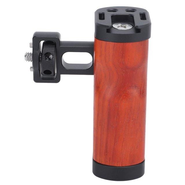Side Wooden Handle Grip, Dark Red Camera Cage Side Handle Grip with Cold Shoe Mount for Microphone