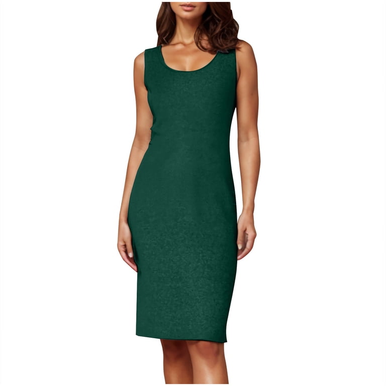 Cagogo Women's Sleeveless Form-Fitting Midi Dress Essential Scoop Neck Knee  Length Stretch Bodycon Casual Tank Dress Beach Vacation Dress - Walmart.com