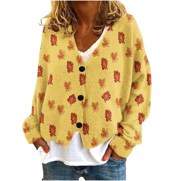 Puntoco Chaqueta De Punto Informal Con Estampado De Hojas Para Mujer, Chaqueta Con Botones, Abrigo De Felpa, Para Otoño E Invierno