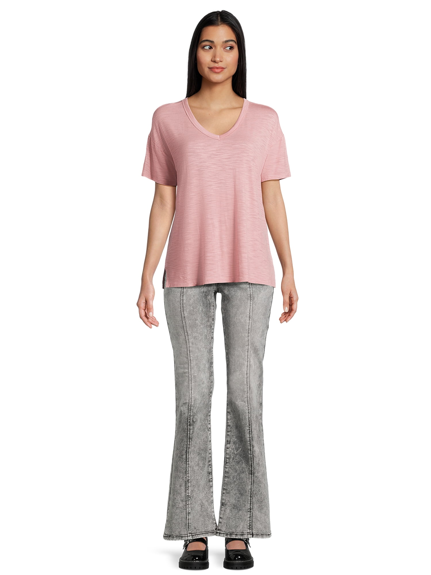 Time and Tru Women's Textured V-Neck T-Shirt, 2-Pack, Sizes XS-XXXL