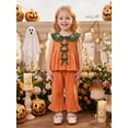 thumbnail image 5 of RUINIXCW Toddler Baby Girl Halloween Outfit Infant Baby Girls Summer Fall Clothes Pumpkin Embroidery Peter Pan Collar Babydoll Shirt Top and Flared Pants Set, 5 of 9