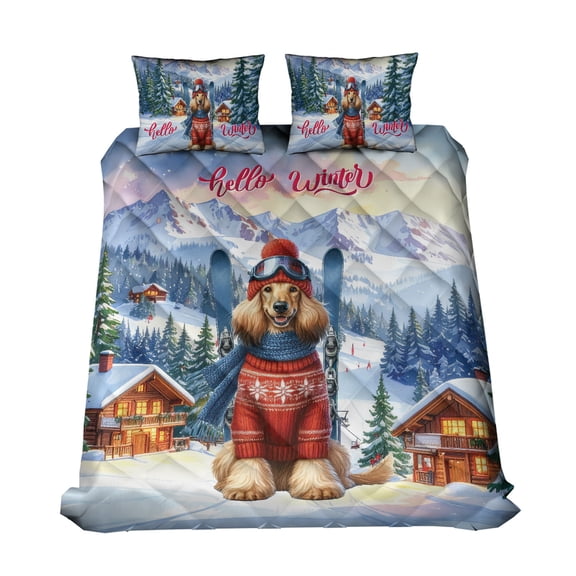 Hello Welcome Winter The Ski Afghan Hound Snowy Day Quilt Bedding Set Dog Lover 1 Blanket Bed Cover 2 Pillowcases - 13013