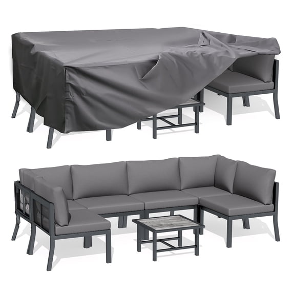 AECOJOY 7-Piece Metal Mesh Outdoor Furniture Set with Cushions and Waterproof Cover, Wooden Table, Ideal for Garden, Backyard, Balcony, & Lawn (Grey)
