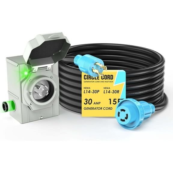 4 Prong 15 Feet 30 Amp Generator Extension Cord and Inlet Box with Locking Connector, Heavy Duty NEMA L14-30P/L14-30R, 125/250V 7500W 10 Gauge SJTW Generator to House Power Cord