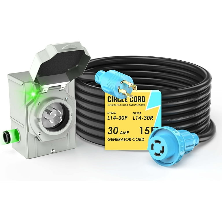 30 Amp Generator Power Cord & Inlet Box Combo - 15FT L14-30P To L14-30R Twist Lock Cord, Weatherproof Inlet Box For Backup Power