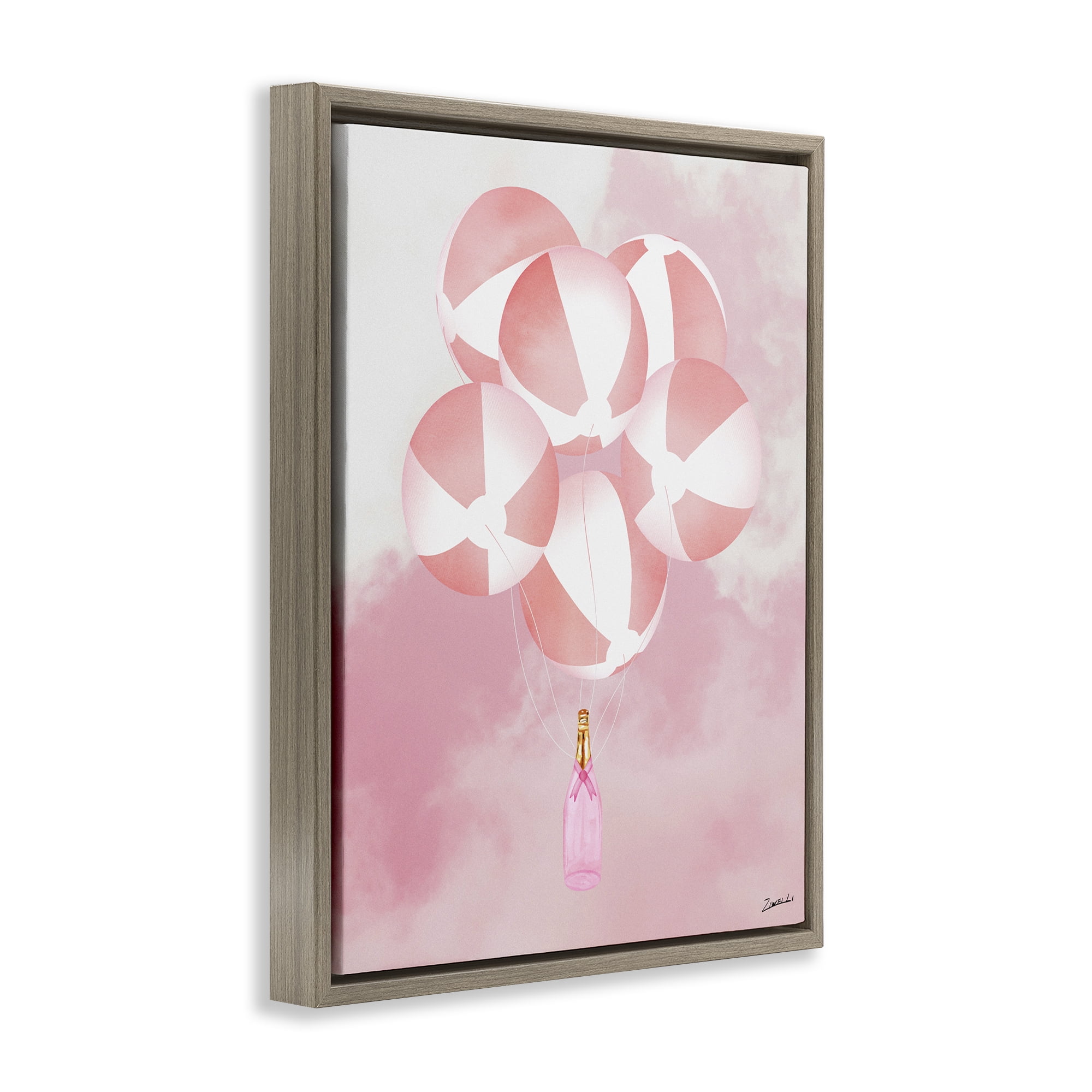 Stupell Industries Beach Ball Balloons & Champagne Food & Beverage Painting Brown Floater Framed Canvas Art Print Wall Art, 25 x 31