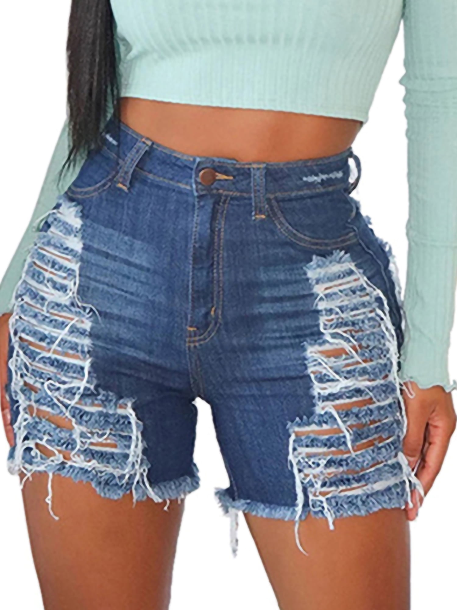 High Waisted Jean Shorts for Women Frayed Raw Hem Ripped Distressed Shorts Casual Stretchy Hot Denim Shorts for Summer 