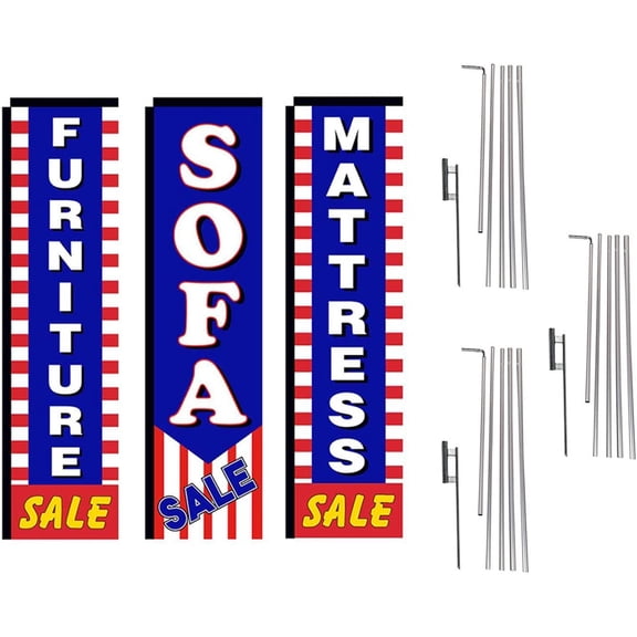 Mattress and Furniture Outlet Advertising Package of 3 Rectangle Feather Banner Flag Kits and Ground Stakes, Mattress Sale, Furniture Sale, Sofa Sale