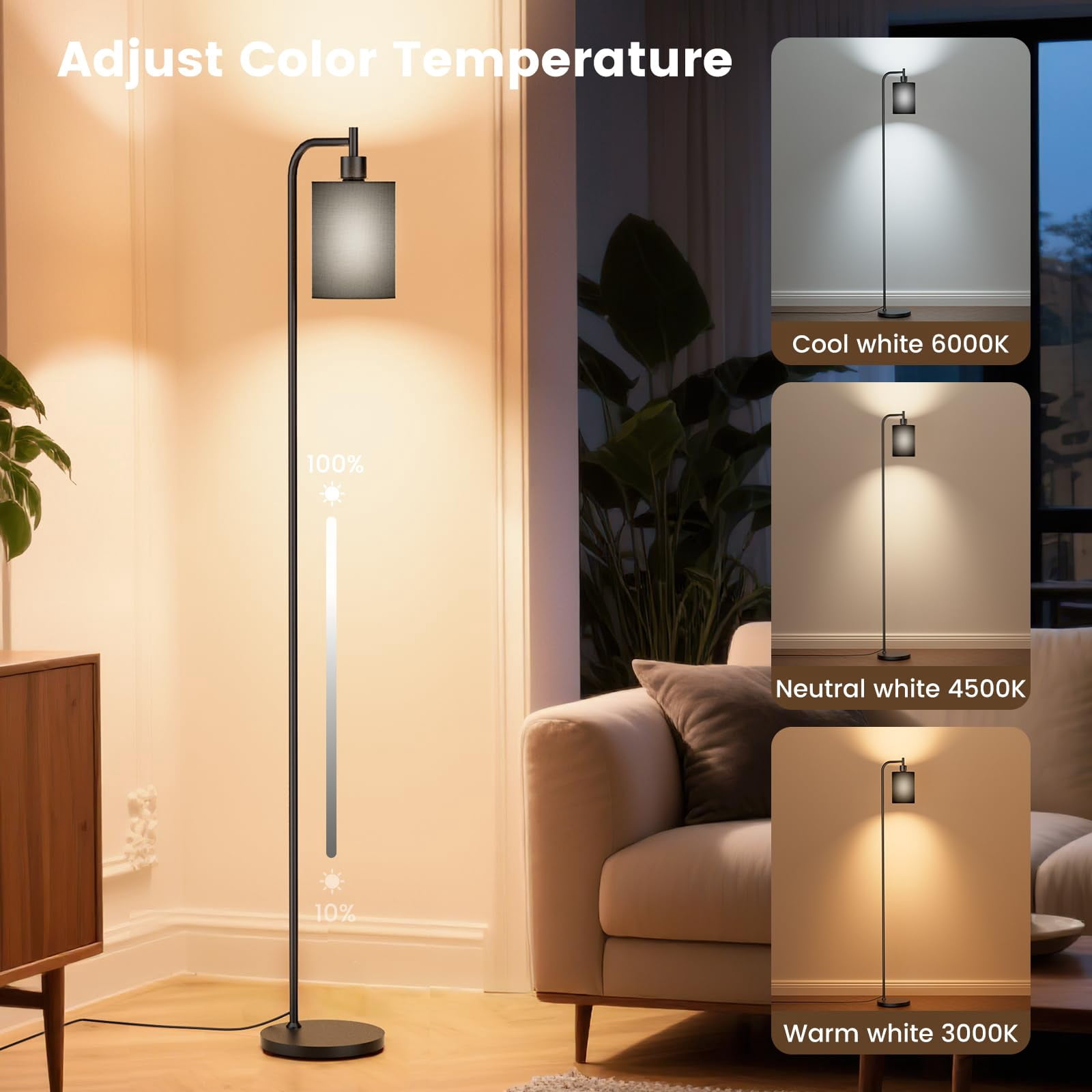 Black Floor Lamp With Linen Shade Dimmable Standing Lamp For Living Room Bedroom Office