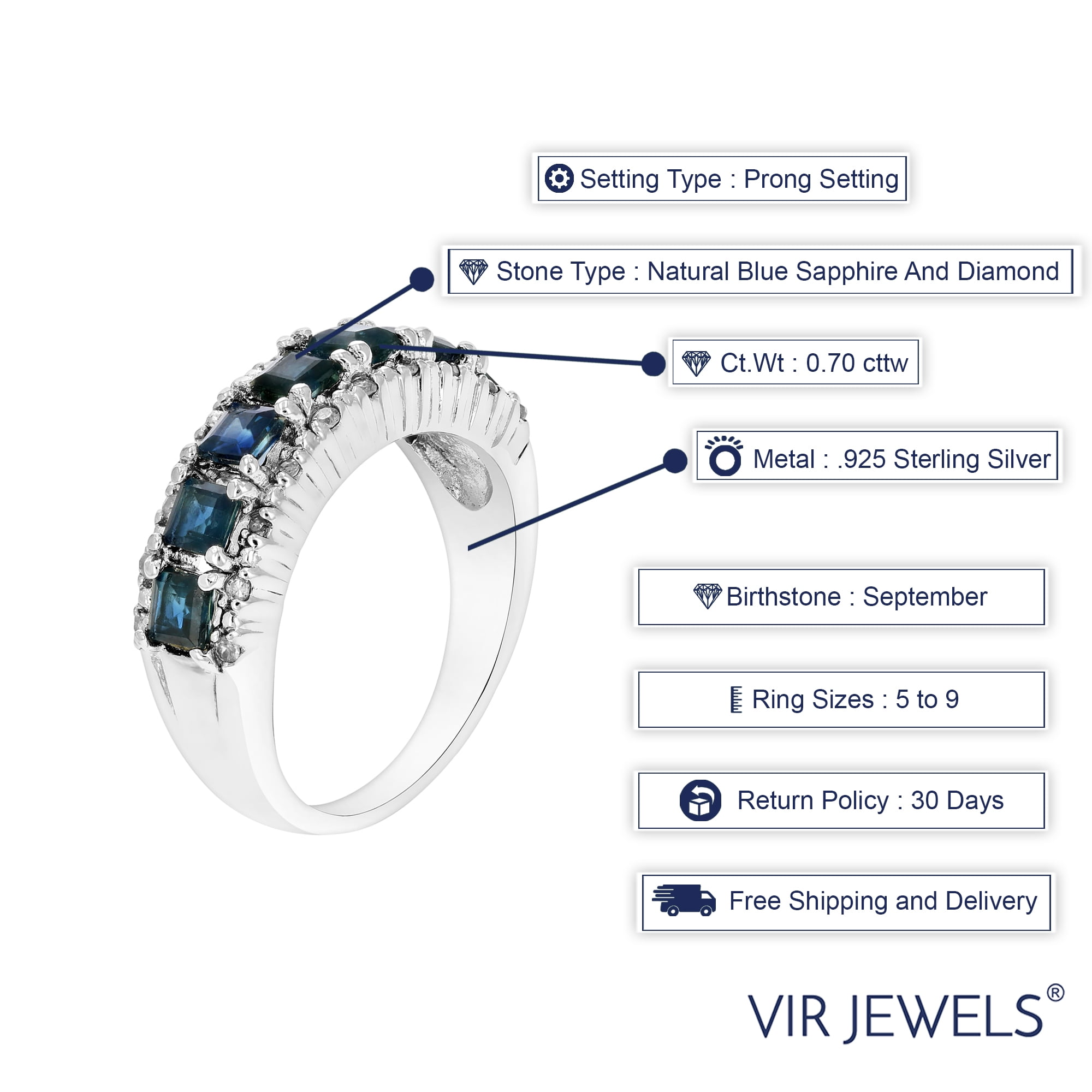 Vir Jewels 0.70 CTTW Blue Sapphire and Diamond Ring Women Sterling Silver Princess September
