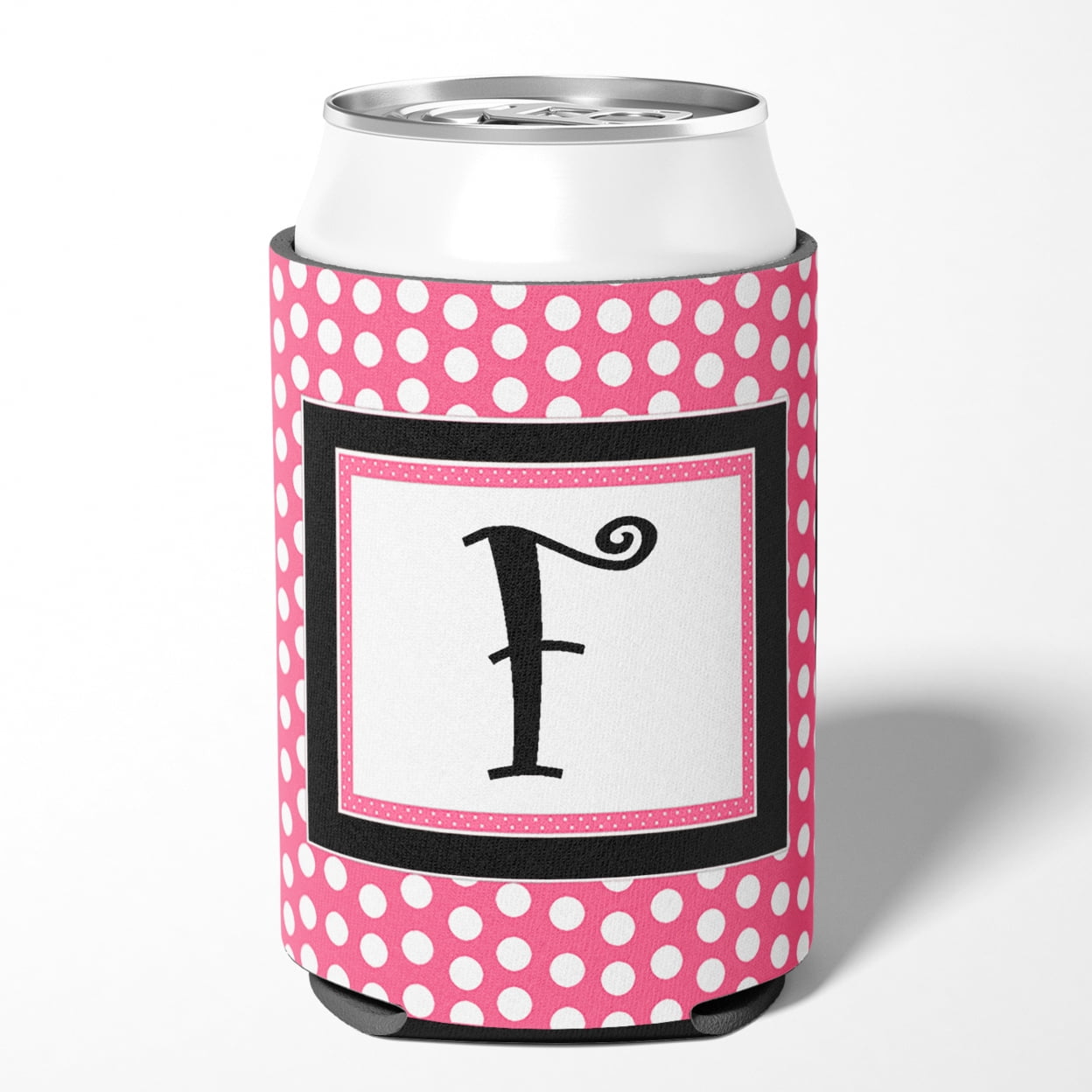 Letter F Monogram - Pink Black Polka Dots Can or Bottle Hugger