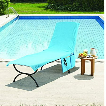 Blue 2 In 1 Terry Cloth Beach Pool Lounge Chair Cover Tote Convenient Pocket