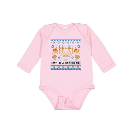 

Inktastic My 1st Hanukkah Sweater Style Design Menorah and Dreidels Boys or Girls Long Sleeve Baby Bodysuit