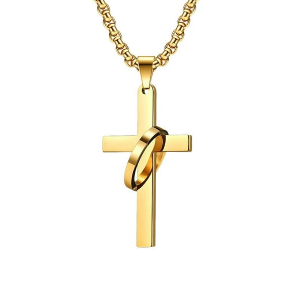 14K Yellow Gold Simple Cross With Circle Pendant Men Women Gold Silver Jesus Christ Religious Crucifix Necklace Charms Jewelry