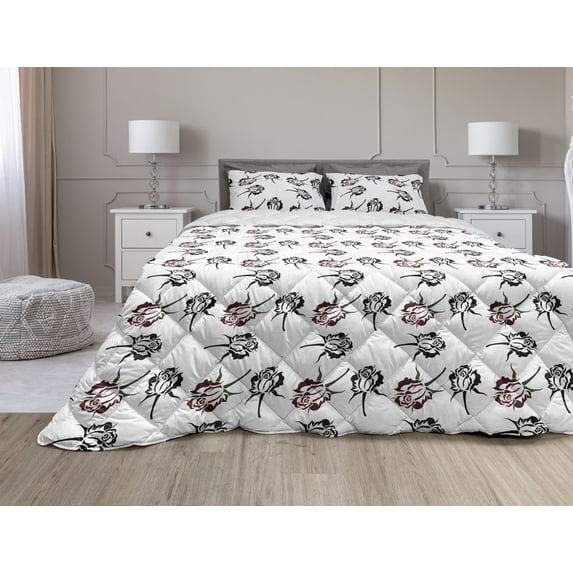 Roses Comforter & Sham Bedding Set, Repeating Drawn Pattern of Romantic Flowers, 3 pcs Duvet Set Microfiber Filling Quilt, 5 Sizes, Fuchsia Dark Green, by Ambesonne