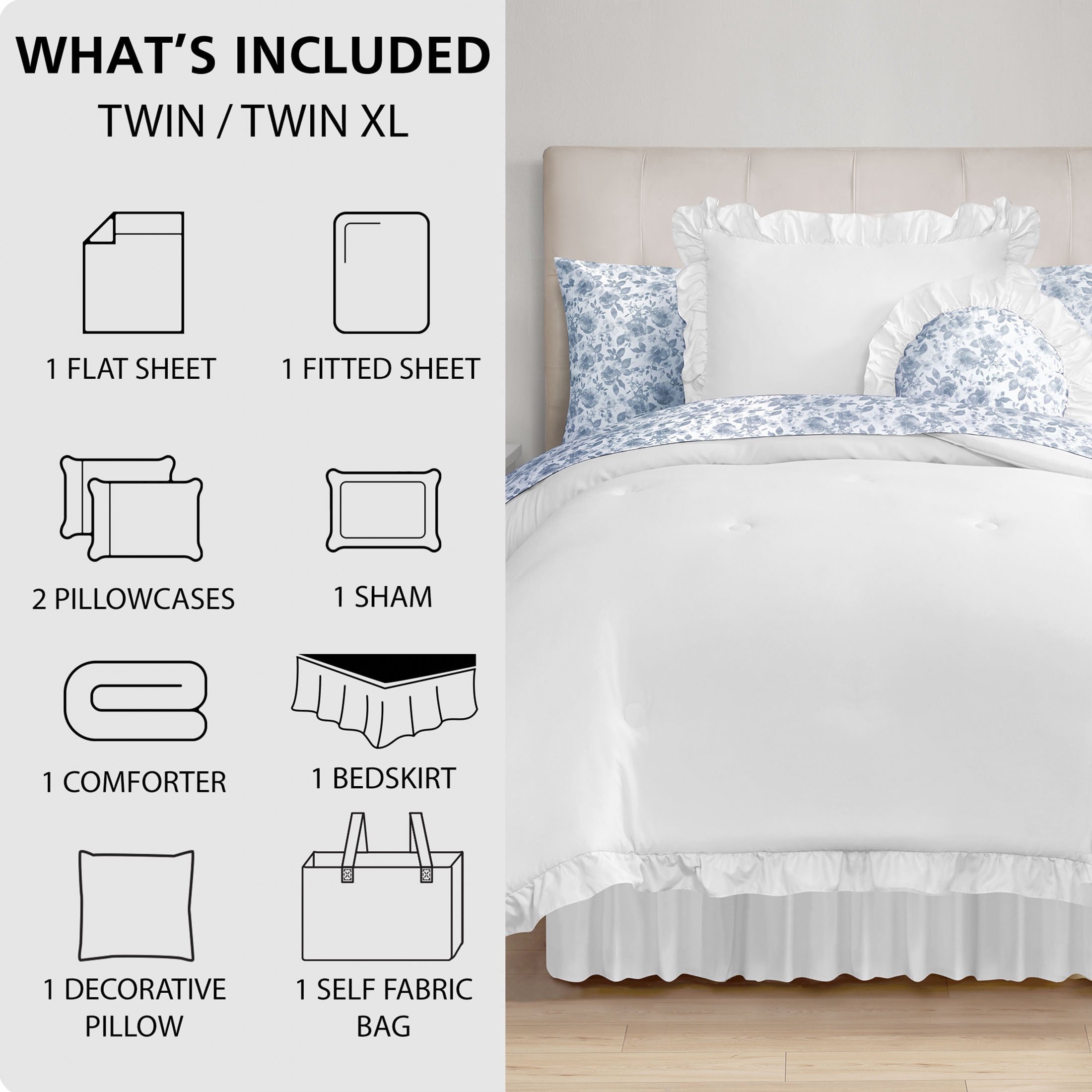 Mainstays All in One Reversible Comforter and Sheet Set- 8 Piece, Twin, White and Blue Ruffle