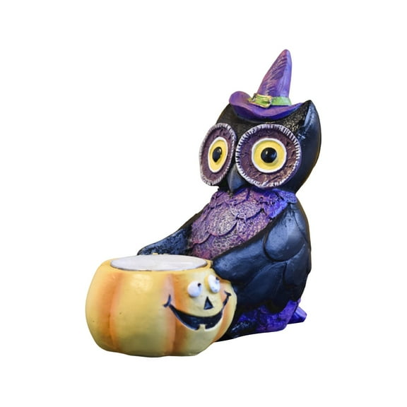 Halloween Owl Figurine Decoration, Purple Witch Hat Owl Statue, Tabletop Ornament for Home Party Decor, Cute Spooky Resin Sculpture for Indoor Outdoor Display, Happy Halloween Sign Decor