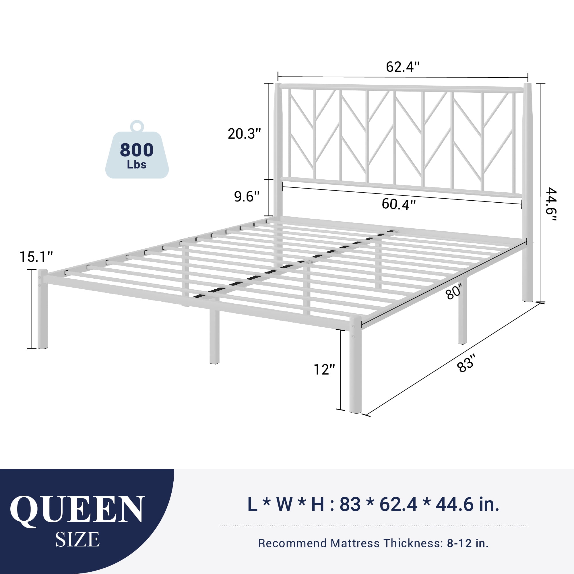 Allewie White Queen Size Modern Metal Platform Bed Frame with Vintage Headboard and 12" Under-bed Storage