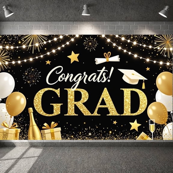 Gold Grad Cap Graduation Banner Colorful Stars Grad Backdrop Confetti Design Black Background Academic Background for Graduation Party College Graduation Grad Photo Shoot