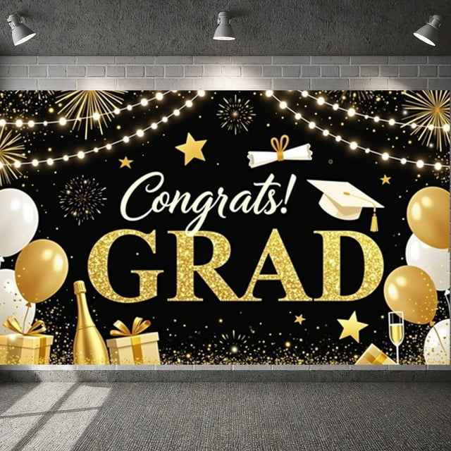 Gold Grad Cap Graduation Banner Colorful Stars Grad Backdrop Confetti Design Black Background Academic Background for Graduation Party College Graduation Grad Photo Shoot