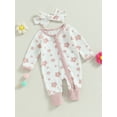 thumbnail image 3 of Wassery Baby Girls Footies Rompers Long Sleeve Flower Print Zipper Bodysuits Jumpsuit Bow Headband 3 6 12 18 Months Newborn Infant Fall Clothes, 3 of 8