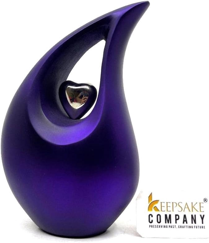 Purple Shimmer Tear Drop Small Urns for Human Ashes with Silver Heart (6 Inch Height) - Unique Medium Urn - Decorative Urns - Cremation Urn - Burial Urns - Keepsake Urn - Funeral Urn - Small Pet Urns