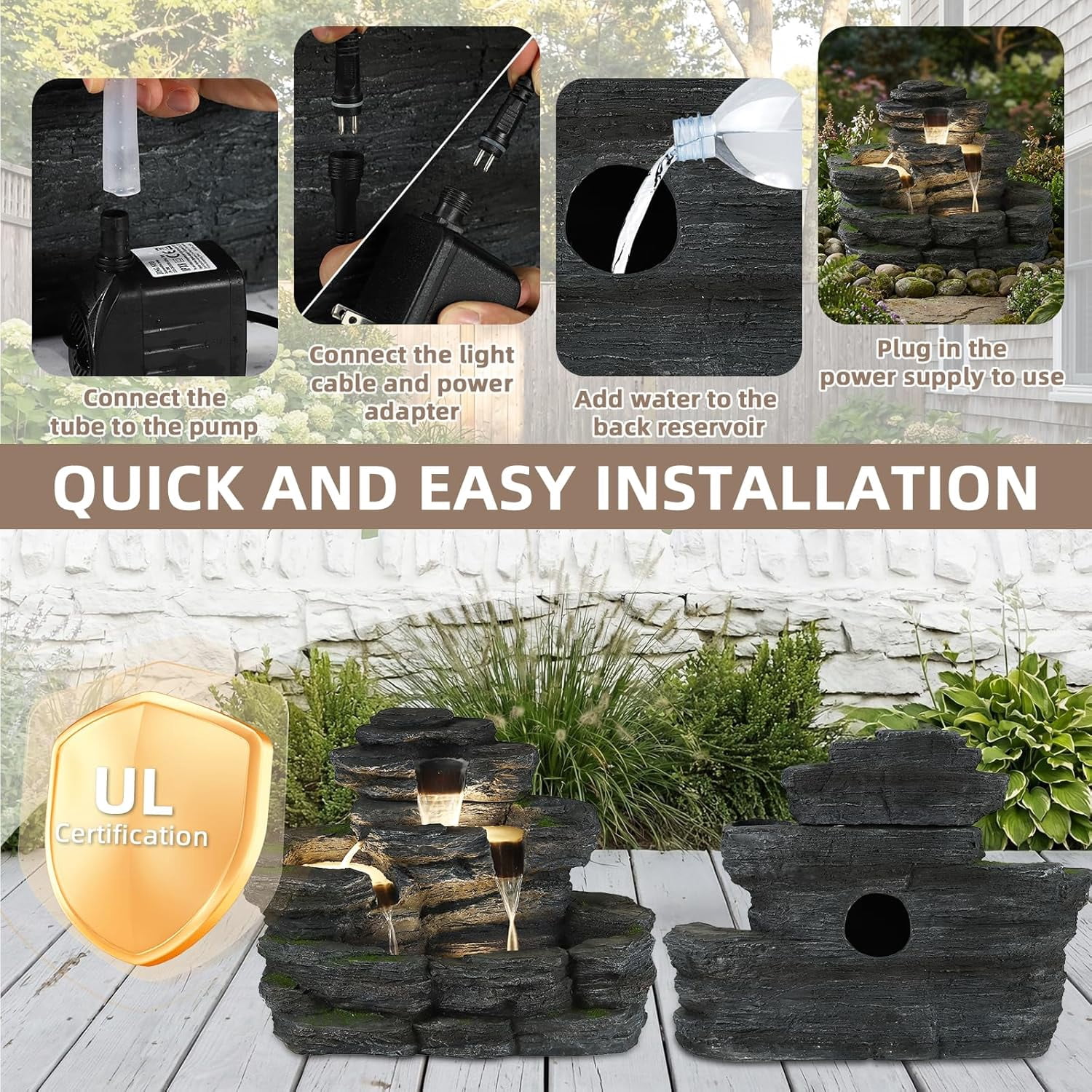 EPICOZY 5-Tier Rock Outdoor Water Fountain, 29.7" L Realistic Moss Decor & Cascading Waterfall Fountain with LED Lights, Resin Garden Water Feature for Patio, Yard & Porch, Home Art Décor