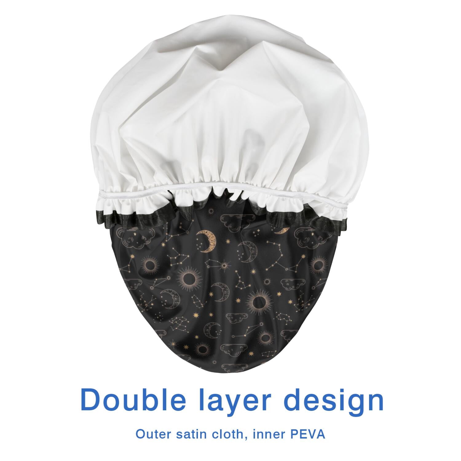 Shower Caps,Black Celestial Cloud Pattern Waterproof Shower Cap for Women 4 Pieces,Double Reusable Hair Cover for Shower PEVA Elastic Stretch Hem