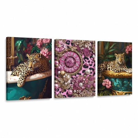 Leopard Canvas Wall Art Set of 3, Pink Gold Luxury Animal Artwork, Fashion Glam Wall Decor for Bedroom Living Room, 12x16 Inch Each