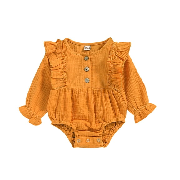 OLLUISNEO Newborn Baby Girls Romper Winter Romper Button Solid Color Round Neck Long Sleeve One-piece Jumpsuit 9-12 Months Yellow