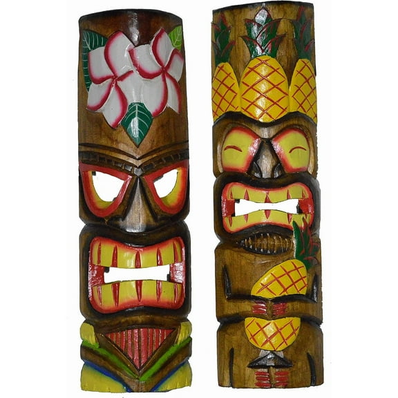 HTYSUPPLY 20" SET OF 2 HANDMADE TIKI MASK leaf pina colada HAWAIIAN POLYNESIAN WALL ART TRIBAL BAR TROPICAL