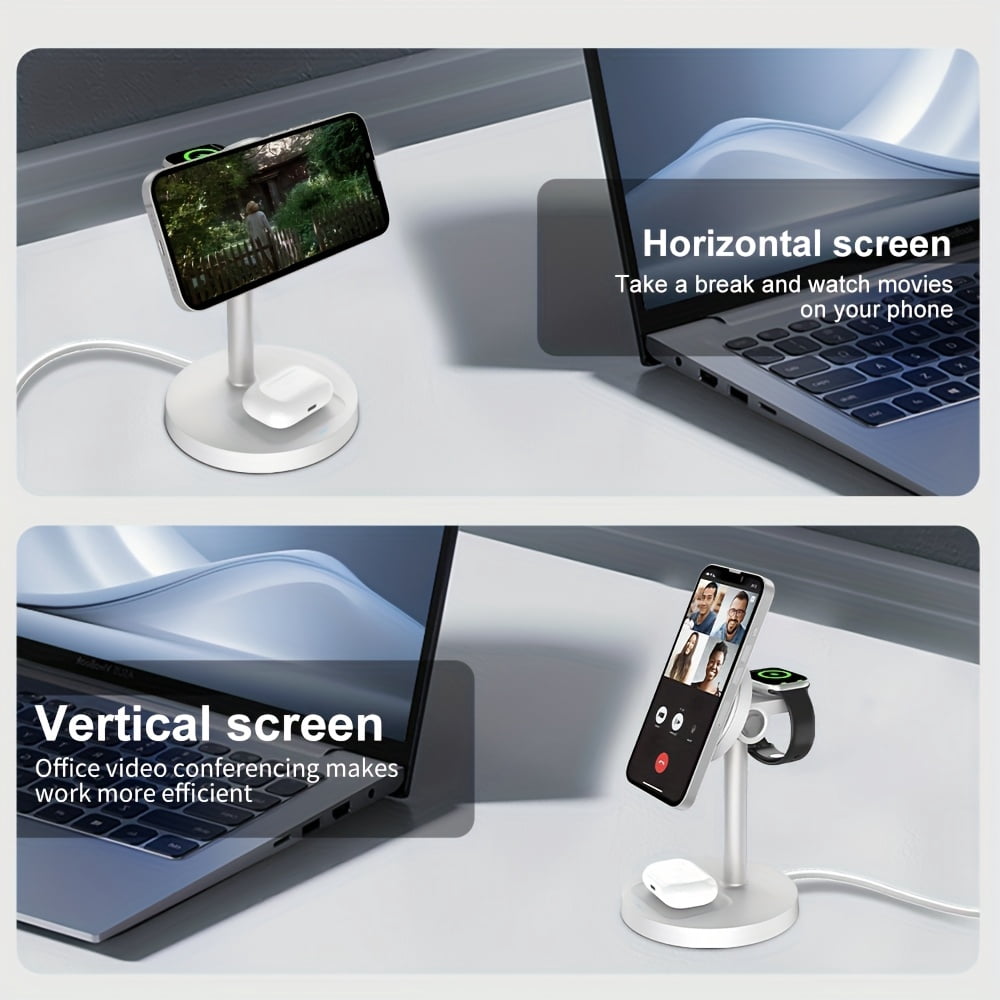 YIYUN 3-in-1 Magnetic Wireless Charger Stand – Cooling, Adjustable, for iPhone, Apple Watch & AirPods (White).
