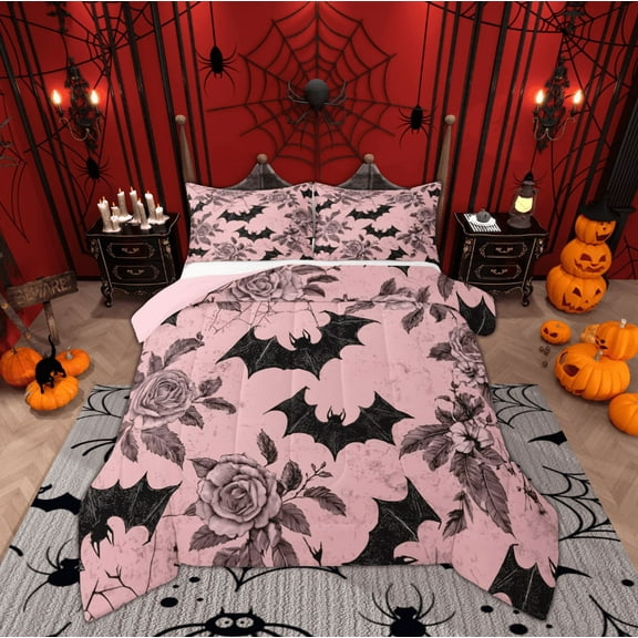 Feelyou Gothic Bat Print 01, Vintage Pink Rose Twin Comforter Sets, Western Halloween Reversible Bedding Set, Luxury Bedroom Decor,2 Pieces