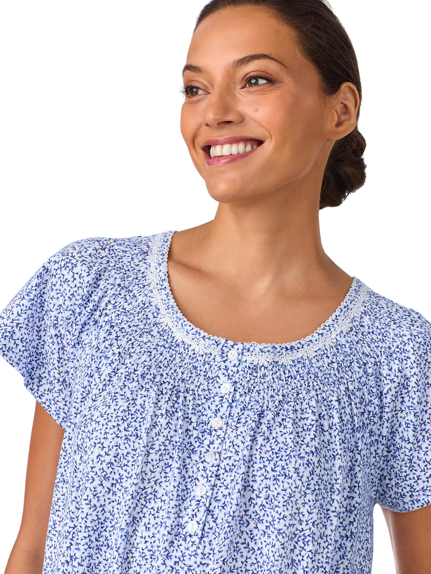 Aria Women's 100% Cotton Raglan Sleeve Smocked Neck 40" Sleepwear Gown, Sizes XS-5X
