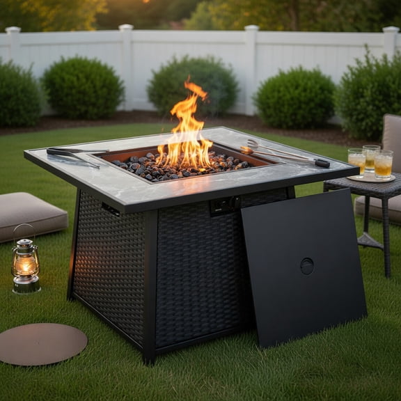 Topcobe 35" Propane Gas Fire Pit Table Wicker Rattan with Lava Rocks PVC Cover for Camping, Fire Pits & Outdoor Fireplaces, Backyard Furniture, Black