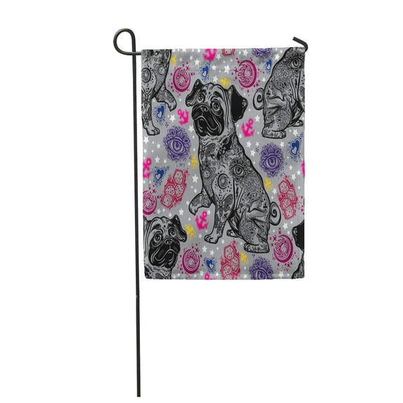 KDAGR Vintage Traditional Tattoo Flash Bulldog Pug Dog Doodle Pattern Garden Flag Decorative Flag House Banner 12x18 inch
