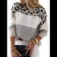 thumbnail image 2 of Suéter de Rayas con Estampado de Leopardo para Mujer, Cuello Redondo, Larga, Tejido con Bloques de Color Albaricoque L, 2 of 6