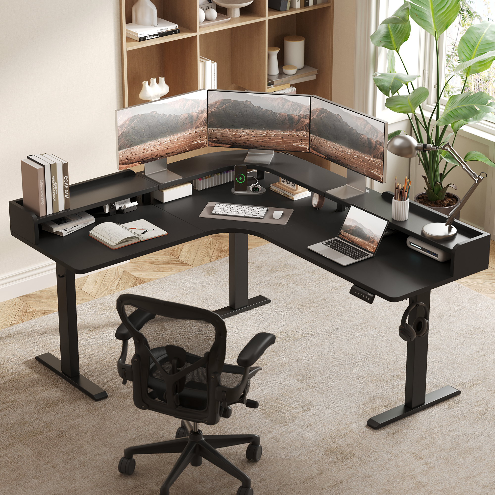 62.9" Electric L Shaped Standing Desk ,Adjustable Height Corner Desk with Monitor Shelf, Sit Stand Table for Home Office Computer Workstations,Splice Board,Black
