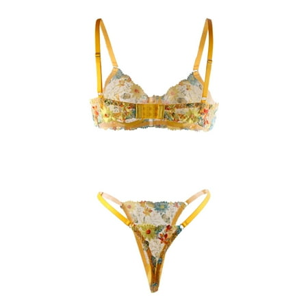 

Hwmodou Women s Exotic Lingerie Underwear Floral Printed See Through No Steel Ring Nightwear 2 PCS Bra For Women