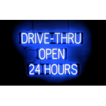 SpellBrite DRIVE-THRU OPEN 24 HOURS LED Sign for Business. 35.1" x 23.8" Blue DRIVE-THRU OPEN 24 HOURS Sign Has Neon Sign Look, LED Light Source. Visible from 500  Feet, 8 Animations.