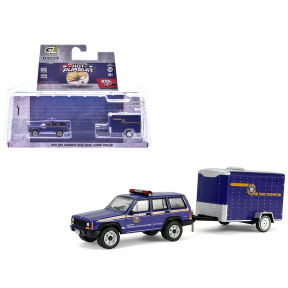 2001 Jeep Cherokee "New York State Police" Blue with Yellow Stripes and Small Cargo Trailer "Hot Pursuit Hitch & Tow" Series 1 1/64 Diecast Model Cars by Greenlight