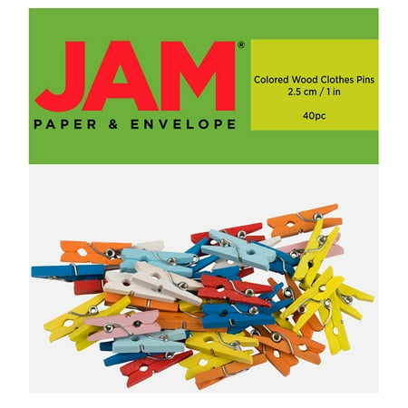 JAM Paper Wood Clothespins, Assorted Colors, Small 1 inch Clips, 40/Pack