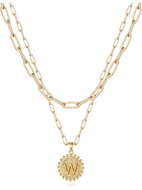 Gold Initial Necklaces for Women, 14K Gold Plated Dainty Layering Paperclip Link Chain Necklace Personalized Coin Initial Layered Gold Necklaces for Women