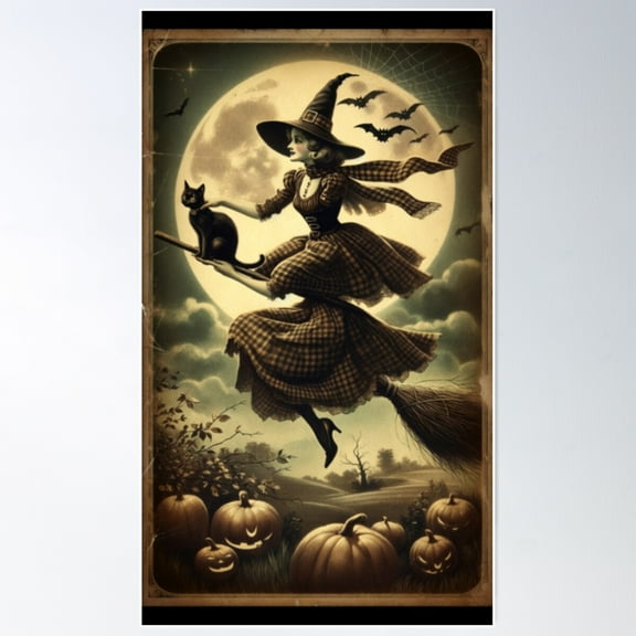 Witch On A Broomstick With A Cat Poster Wall Art, Modern Wall Decor For Living Room Bedroom, 8x12 UNFRAMED