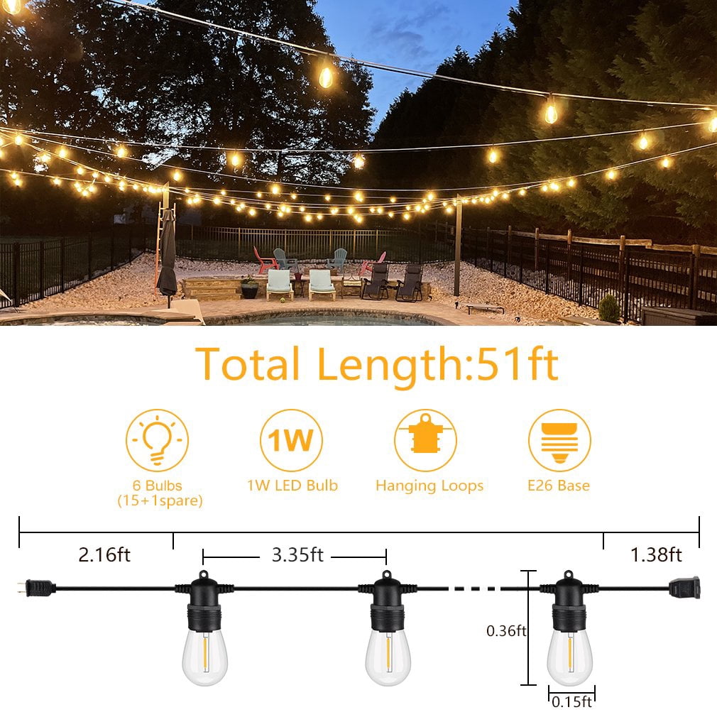 Sanfant 51ft Outdoor String Lights IP65 Waterproof Lights with 15+1 Edison Shatterproof Bulbs for Balcony Backyard Yard