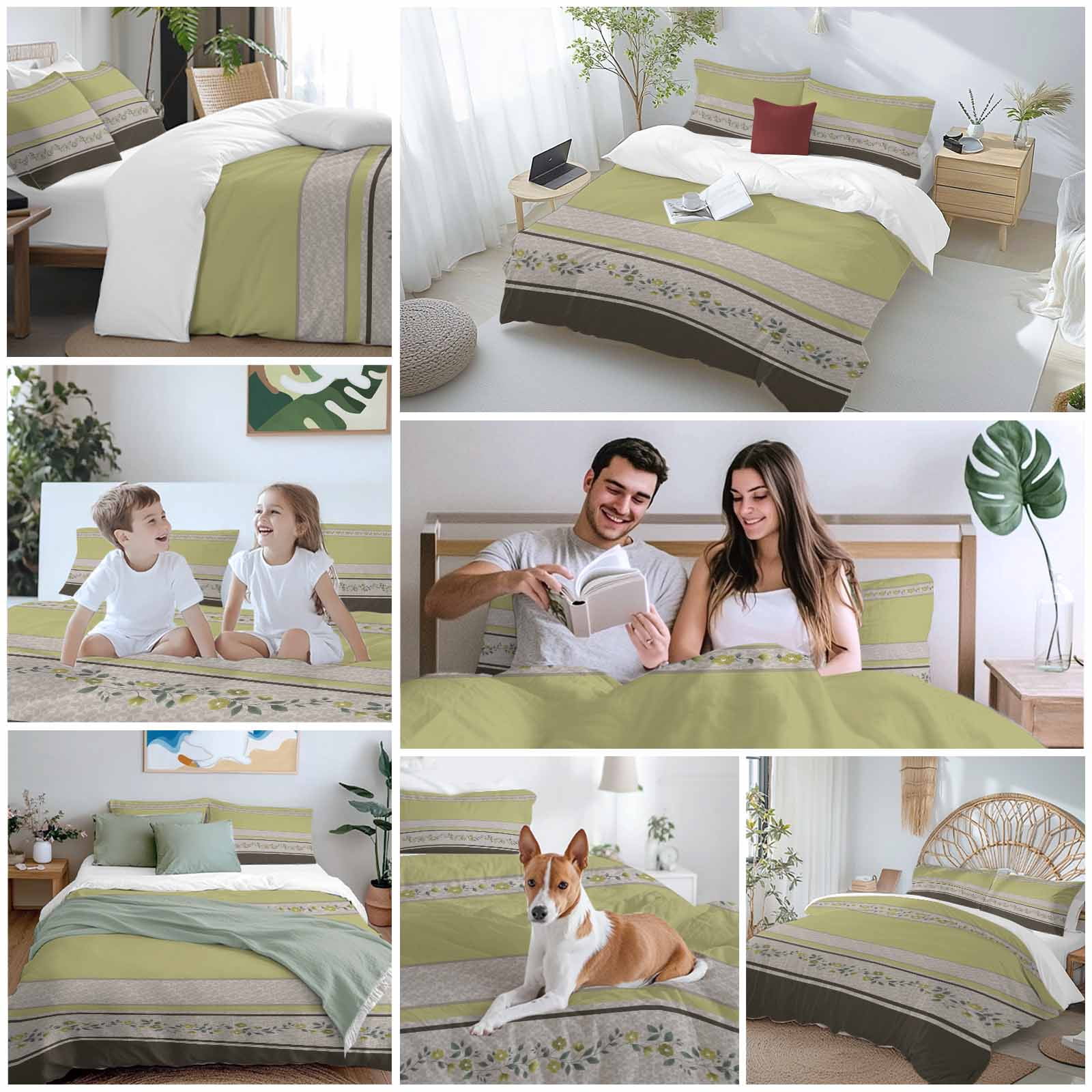 Sage Green Floral Bedding 3 Piece Duvet Cover Set California King, Modern Farmhouse Leaves Brown Striped Microfiber Comforter Cover with Zipper Closure & Pillowcases, FadeResistant Quilt Cover