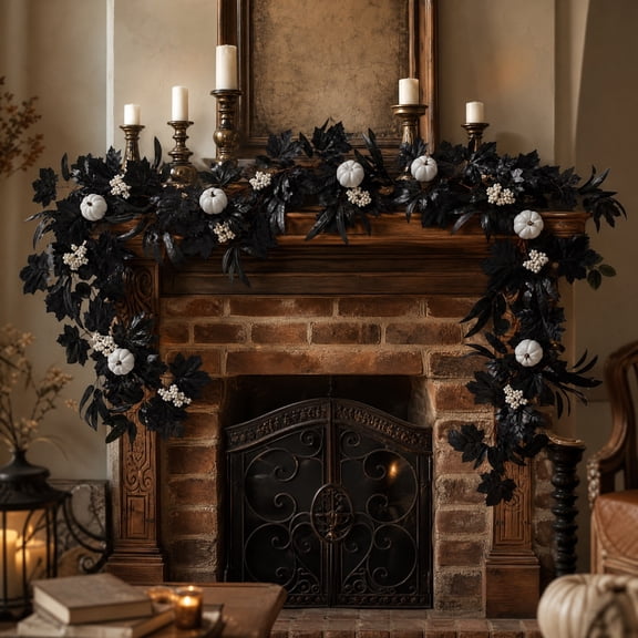 6.5 Ft Halloween Black Maple Leaf Garland,Artificial Faux Maple Leaves Garland with Pumpkins Berries, Fireplace Mantel Doorway Stair Fall Thanksgiving Table Decor Gothic Halloween Decor
